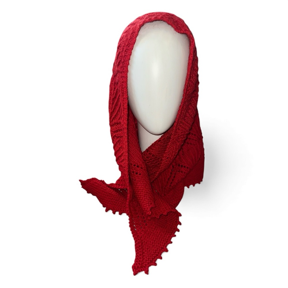 HAND KNIT Red Wool Triangle Scarf